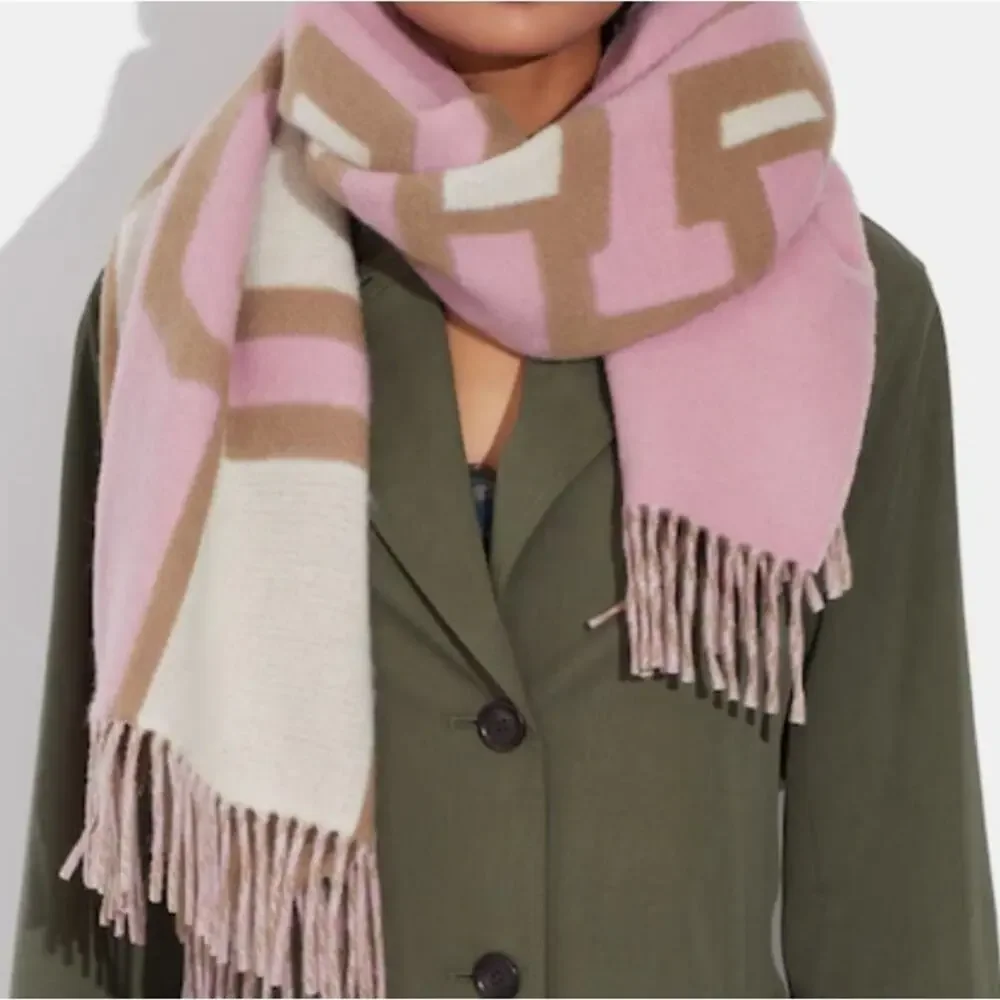 Coach Reversible Colorblock Varsity Print Oversized Muffler Scarf Pink Tan
